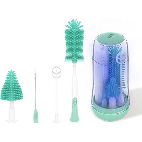 Electric Bottle Brush, Electric Bottle Brush Cleaner with UV Light, Rechargeable Baby Bottle Brush Set with Nipple & Straw Brush, Mixing Head, Drying Rack and Storage Box