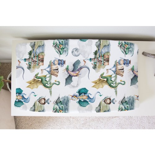Dragon & Knights Changing Pad Cover Super Soft Stretchy Nursery Boy Girl Baby Shower Gift Cute Castle Princess Fairytale Neutral Whimsical