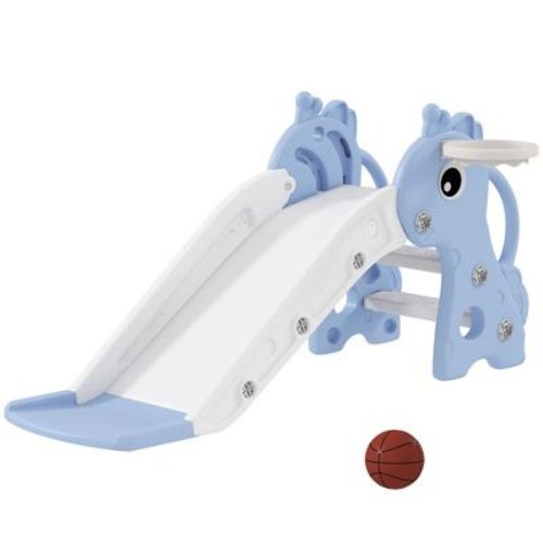 Qaba 3-in-1 Toddler Slide, Kids Slide with Climber, Basketball Hoop and Ball, Giraffe Shape Freestanding Playset for Indoor Kids 1-3 Years, Blue