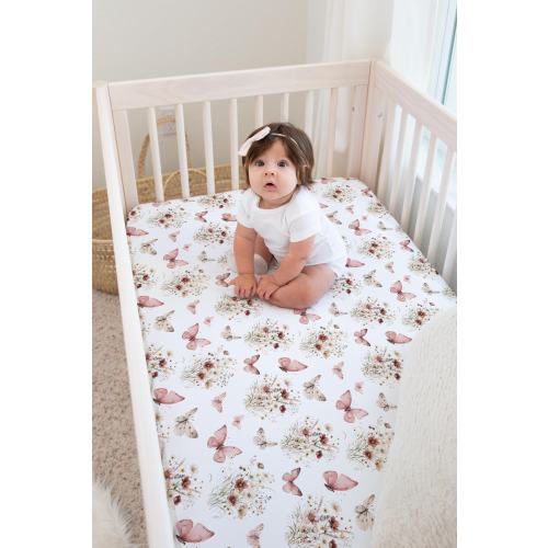 Custom Wildflower crib Sheet for Baby Girl Botanical Nursery- Boho floral Baby Bedding -Custom Butterfly Crib Sheet - Sh363
