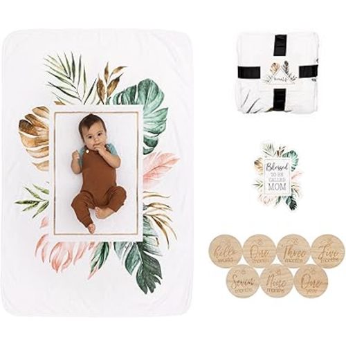 Milestone Baby Blanket for Girls and Boys - Wood Props & Blessed to be Called Mom Sticker - 40 x 60 in Large Blanket - Use as Backdrop or Laying Down