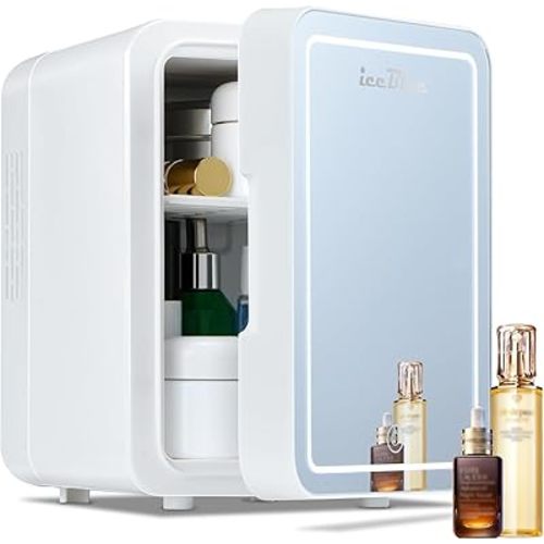 Iceblue Skincare Fridge with Dimmable LED Light Mirror, 4L Compact Small Fridge for Bedroom, Car, Office & Dorm, Mini skincare fridge for Beauty Essentials & Beverages(White)