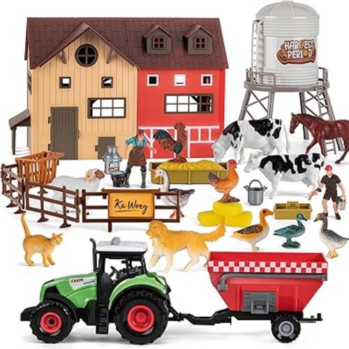 Farm Animal Toy Set with Red Barn, 33Pcs Farm Barn Playset for Kid Toddler 3-5 5-7 Year Old including Animal Figure Farmer Tractor and Farm Life Accessories Horse Cow Sheep Goose Duck Cat Dog