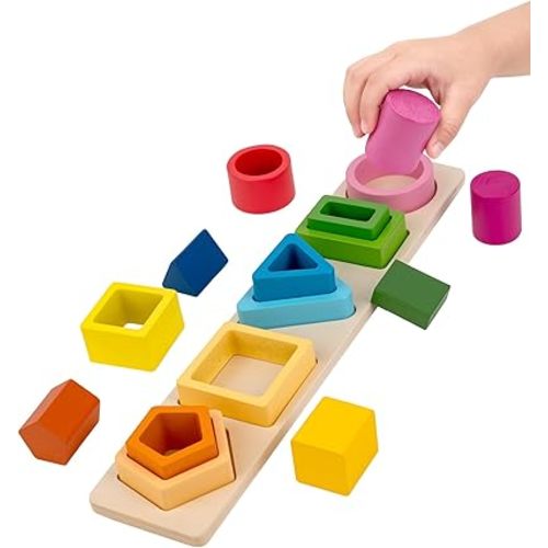 Montessori Toys for 1 2 3 Year Old, Wooden Stacking & Sorting Toy with Geometric Shapes, Educational Learning Toys and Birthday Gifts for Toddlers Boys Girls 1-3