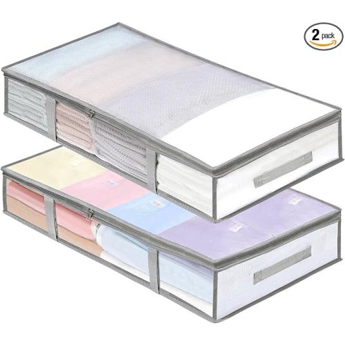 LANDNEOO 2 Pack Under Bed Storage Containers Bins, Moisture-Proof Plastic Underbed Storage Bins, Clothes Storage and Organization Bags, Under the Bed Blanket Storage with Handles for Clothes, Bedroom