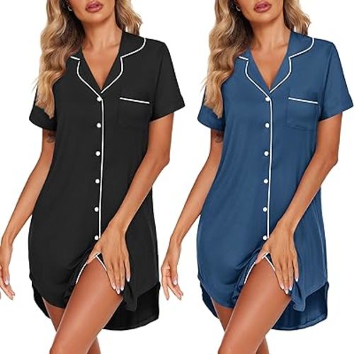 Ekouaer 2 Pack Nightgowns for Women Button Down Sleepshirts Short Sleeve Sleepwear V Neck Nightshirt Pajama Dress