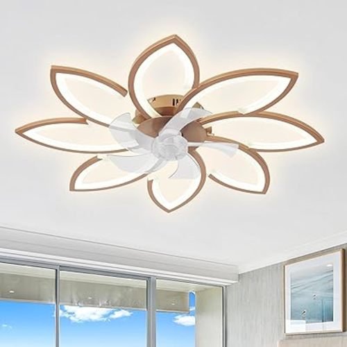 Bella Depot 35" Bladeless Flower Ceiling Fan Low-Profile Flush Mount Ceiling Fan with Lights and Remote Dimmable 3 Color 6 Speeds for Bedroom Girls (Gold-8head)