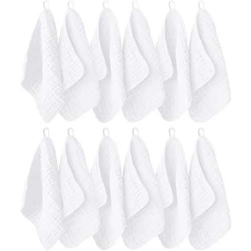 12 Pack Muslin Washcloths for Baby - 100% Cotton Baby Wash Cloths for or Baby Face Body Comfy and Soft for Newborn Infants Kids Girls and Boys - 12"x12" - White