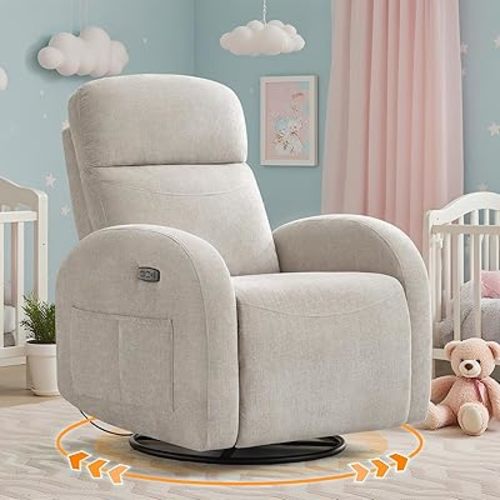 Power Swivel Nursery Recliner,Oversized Nursery Glider Recliner with USB & Type-C Port,Chenille Power Recliners Glider with Double Pockets for Living Room,Camel
