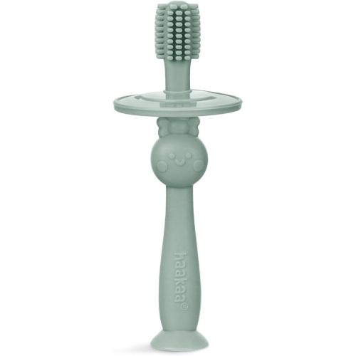 haakaa Infant Toothbrush, Easy to Hold 360° Baby Toothbrush, Train 6month+ Infants Babies and Toddlers for Oral Hygiene, Teether Effect for Sore Gums, 1pc (Pea Green)