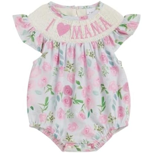 Newborn Baby Girl Summer Outfit Floral Mamas Girl Smocked Bubble Romper Fly Sleeve Bodysuit Mothers Day Clothes