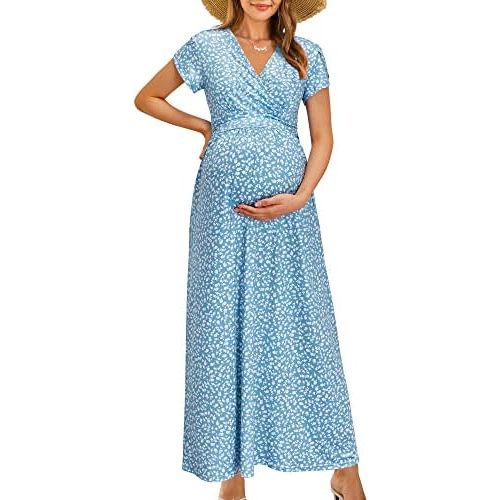 OUGES Maternity Maxi Dress Wrap V Neck Baby Shower Pregnancy Dresses for Photoshoot