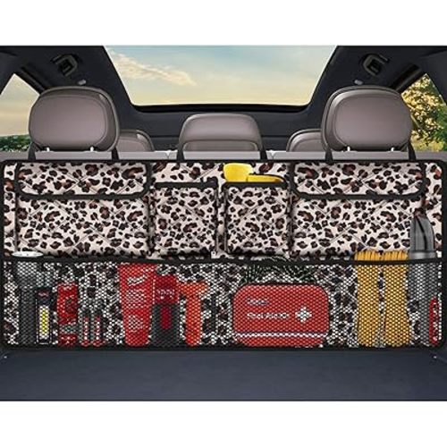 Femuar Car Trunk Organizer,Large Capacity Backseat Trunk Organizer(42"*18"),Collapsible Car Storage Bag with 8 Pocekt,Car Organizer for SUV/MPV/Truck - Leopard print
