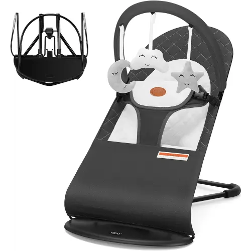 HKAI Baby Bouncer, Portable Baby Bouncer Seat for babies 0-18 months, 100% Cotton Fabrics, 3 Modes of use with Rocker and Stationary Options, Infant Rocker Chair with Hanging Toys-Dark grey