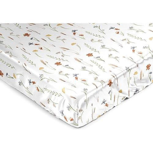 Sweet Jojo Designs Boho Floral Garden Flower Girl Baby Satin Fitted Crib Sheet Infant Newborn Nursery Toddler Bed Room Standard Mattress Watercolor Bohemian Farmhouse Wildflower Vintage Shabby Chic
