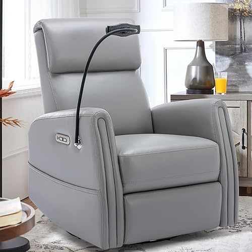 COLAMY Power Recliner Chair Swivel Glider Rocker for Nursery, Upholstered Faux Leather Living Room Rocking Reclining Single Sofa Chair with 2 Device Holders, Grey