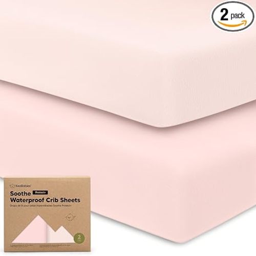 2-Pack Waterproof Crib Sheets for Boys, Girls - 52x28 Fitted Organic Cotton Baby Crib Sheets, Toddler Mattress Protector Cover, Washable, Soft & Durable Baby Bedding Essentials (Mist Rose)