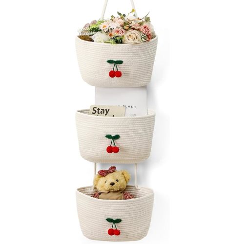 Cute Cherry Hanging Baskets, 3-tier Woven Cotton Wall Mounted Storage Organizer Cherry Decorative Storage Hanging Closet Removable Large Wall Basket for Nursery Living Room Bedroom Kitchen