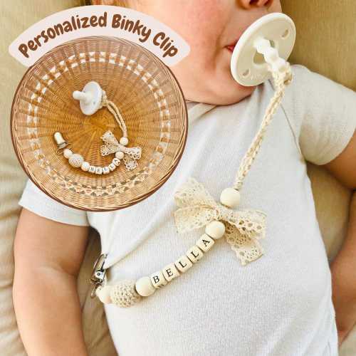 Personalized Baby Gift, Vintage Baby accessories, Baby Keepsake, Girly Baby Shower Gift, Pacifier Clip, Baby Name Chain, Lace Bow Clip