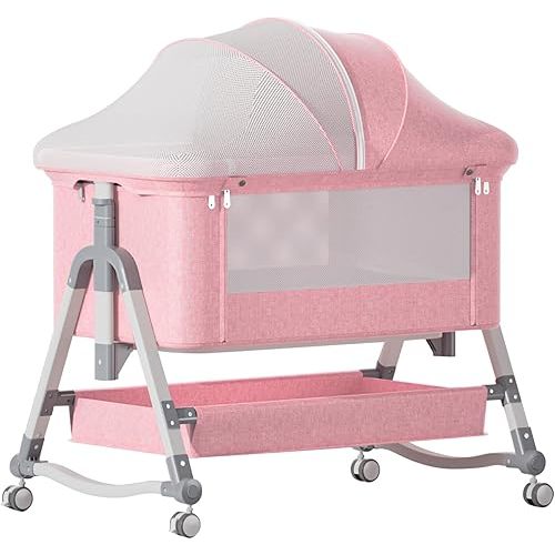 Jaoul 4 in 1 Baby Bassinet Bedside Sleeper Baby Crib, Adjustable Cosleeper for Baby, Easy Folding Portable Baby Bed Rocking Bassinets with Comfy Mattress Mosquito Net Storage for Infant Newborn Pink