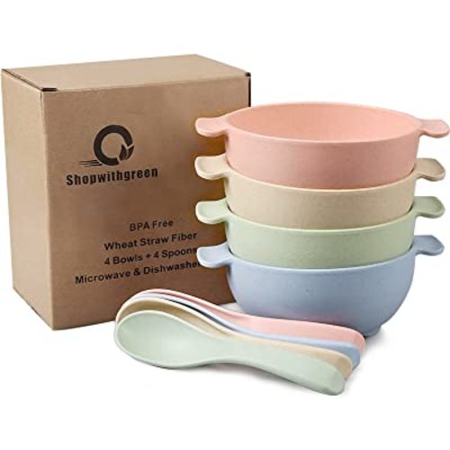 shopwithgreen Unbreakable Kids Bowls -Microwave Dishwasher Safe- Wheat Straw Snack Bowl Sets for Kids/Toddler/Children/Baby Feeding - 4 Bowls and 4 Spoons, Lightweight and Durable (Small)