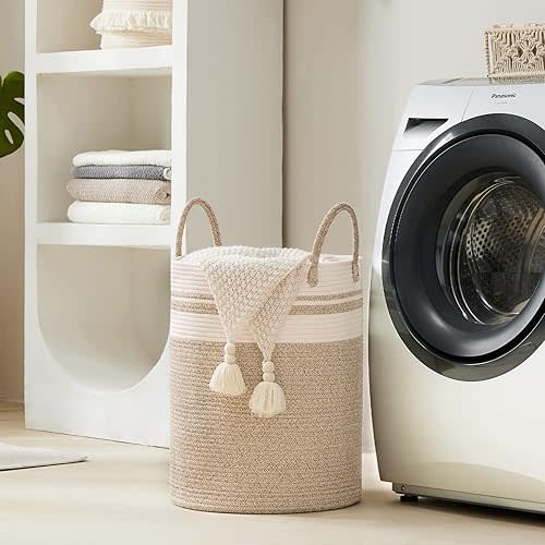 58L Woven Rope Laundry Hamper Basket, Tall Clothes Storage Organizer for Bedroom, Nursery, Baby & Kids, Large Brown Laundry Basket for Blankets, Toys & Home Use