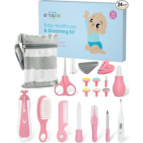 OTTOLIVES Baby Healthcare and Grooming Kit, 24 in 1 Baby Electric Nail Trimmer Set Newborn Nursery Health Care Set for Newborn Infant Toddlers Baby Boys Girls Kids Haircut Tools (0-3 Years+) (Pink)