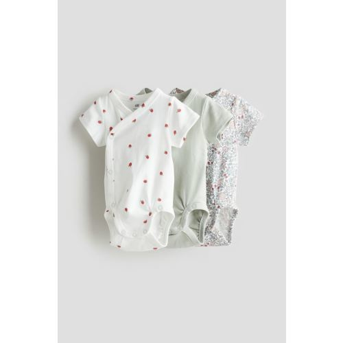3-pack Wrapover Bodysuits, Short sleeve, White/strawberries