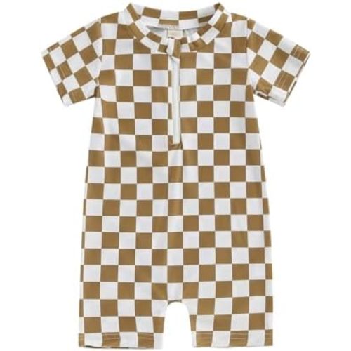 Toddler Baby Boy Girl Swimsuit Checkered One Piece Swimwear Short Sleeve Zipper Rash Guard Beach Bathing Suit