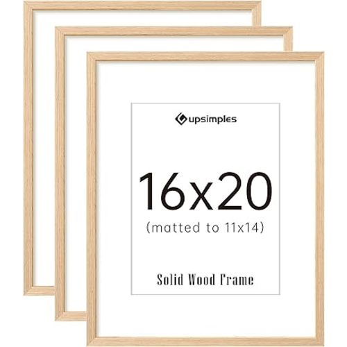 upsimples 16x20 Frames Set of 3, Natural Solid Wooden Picture Frames, Display 11x14 with Mat or 16 x 20 Without for Vertical or Horizontal Wall Hanging