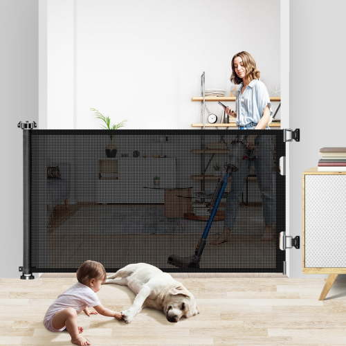 HDJ 71" Extra Wide Retractable Baby Gate,34" Tall Mesh Baby Safety Gates for Stairs,Dog Gate for Indoor and Outdoor,Black