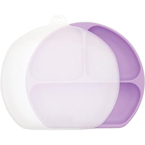 Bumkins Toddler and Baby Suction Plate, Silicone Divided Grip Dish and Lid, Babies and Kids, Baby Led Weaning, Children Feeding Supplies, Non Skid Bottom, Platinum Silicone, Ages 6 Mos Up, Lavender