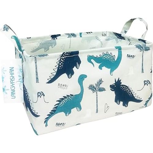 LANGYASHAN Rectangular Storage Bin Collapse Canvas Fabric Cartoon Storage Basket with Handles for Organizing Home Kitchen Boys and Girls Toys Office Closet Shelf Baskets (Rec Green Dinosaur)