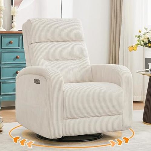 Power Swivel Rocker Recliner, Upholstered Glider Recliner Nursery Chair with Type-C & USB Port,Swivel Rocking Nursery Recliners with Double Pockets for Living Room Bedroom,Cream White