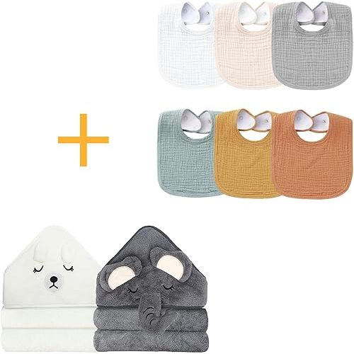 6Pack Muslin Baby Bibs, Cotton Baby Bib for Drooling and Teething,2 Pack Hooded Baby Towels