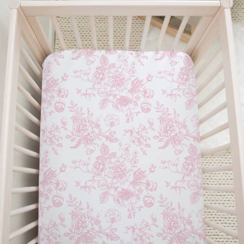 Pink Toile Crib Sheet Pink Floral Crib Sheet Girls Baby Bedding Set Vintage Floral Crib Sheet Fitted Traditional Classic Floral Nursery