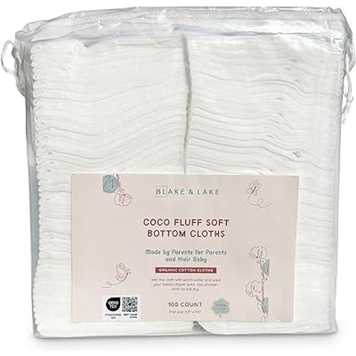Organic Baby Dry Cotton Wipes for Diaper Change and Baby Bath Time Thick and Soft 100% organic cotton wipe Extra large size cotton squares fold out pads (300)