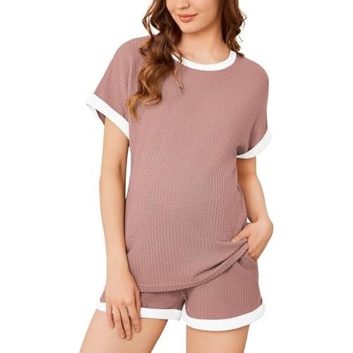 Ekouaer Women's Waffle Knit Maternity Pajamas 2 Piece Outfits Short Sleeve Tops and Shorts Loungewear Set Pregnancy Clothes
