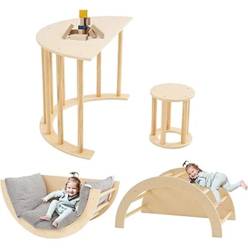 Climbing Arch Table for Toddlers,Wooden Montessori Toddlers Climbing Toys Indoor with Climbing Arch Stool Cushion for Toddlers 1-3 Indoor Playground Jungle Gyms