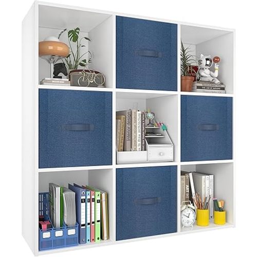 PrimeZone Stackable 9 Cube Storage Organizer: Wood Cubes Shelf Fits Cubby Bins - Square Cubicle Bookshelf Cabinet for Closet Bedroom - Open Storage Shelf for Toy Clothes Book Organization, White