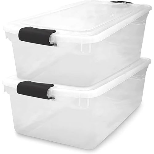 HOMZ 2 Pack Large Clear Plastic Storage Bins with Latching Lids, 66 Quart, Gray