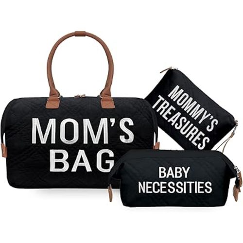 printe Mommy Diaper Bag Tote with 2 Organizers, Large Mom‘s Bag for Hospital & Travel Baby Diaper for Baby Care (Quilted Embroidery-Black)