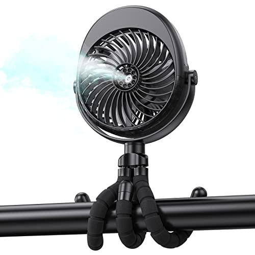 GRANDFAST Portable Stroller Fan with Mist, Rechargeable Misting Fan with Flexible Tripods, 360° Pivot Personal Mister for Cooling Outdoor Travel Beach Umbrella Wagon Crib Treadmill Car