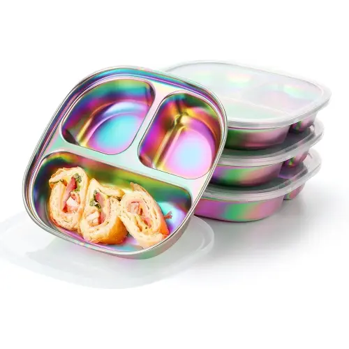 Aieve Stainless Steel Kids Plates, Stainless Steel Toddler Plate with Lids, Stainless Steel Baby Plates Non Toxic with Dividers Rainbow, 4 Pack