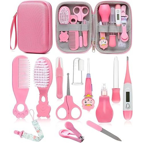 Baby Healthcare and Grooming Kit, Safety Newborn Nursery Baby Care Kit, with Hair Brush Comb, Nail Clipper, Thermometer, Pacifier Clip, Baby Registry Search, Newborn Essentials Girls Boys (Pink)