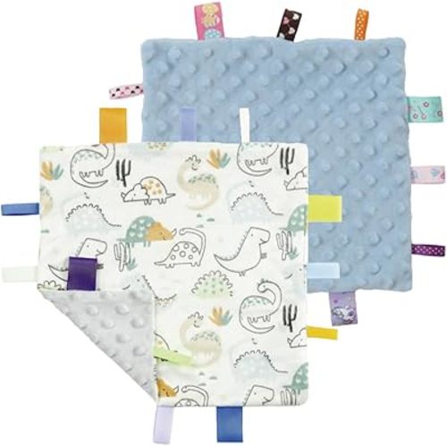 CREVENT Tag Security Blankets for Babies, Soft Small Loveys for Girls, Baby Comforter Sensory Blanket, Great Gifts for Birthday Baby Shower 10"X10" (Dinosaur+Blue)
