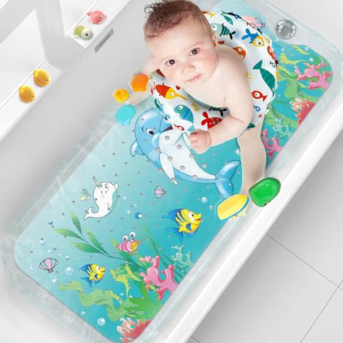 XIYUNTE Baby Bath Mat for Tub Non Slip, 40''x16'' Extra Long Bathtub Mat Non Slip Kids Bath Mat, Safety Kids Bath Tub Mat with Suction Cups and Drain Holes, Machine Washable,Dolphin