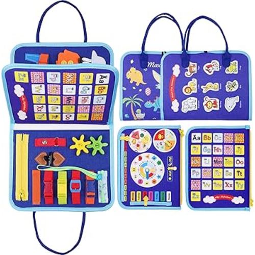 Toddler Busy Board Montessori Toys for 1 2 3 4 Year Old, Sensory Board with Buckles Educational Activities for Learning Fine Motor Skills, Gifts Toy for Girls Boys for Airplane Car (blue-3)