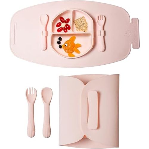 Modern Mini - Silicone Suction Plate for Baby and Toddler, Divided Plate with Fork & Spoon - Unbreakable, Non-Toxic, Food Grade Silicone, Strong Suction Grip, Spill Proof, & Foldable for Travel!