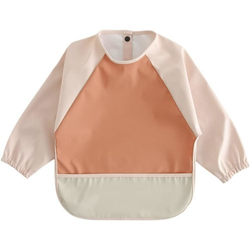 GZMM Waterproof Baby Bibs,Infant Toddler Long Sleeve Feeding Bib With Food Catcher,Wipe Clean & Washable - Pink+beige - 6-12 months
